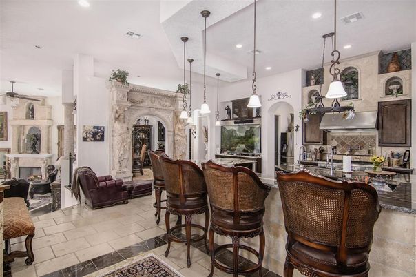 Fireplace, Interior, Kitchen, Living room, Pendant Lights, Recessed Lighting, Stainless Steel Appliances
