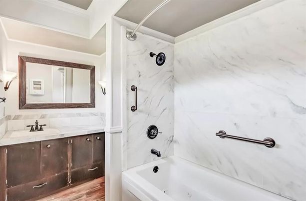 Bathroom, Interior, Marble Walls, Wood Texture Flooring