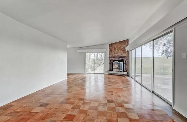 Empty room, Fireplace, Interior, Stone Walls, Wood Texture Flooring