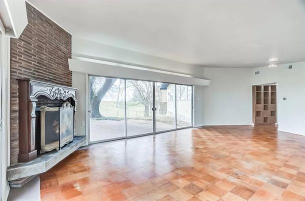 Empty room, Fireplace, Interior, Stone Walls, Wood Texture Flooring
