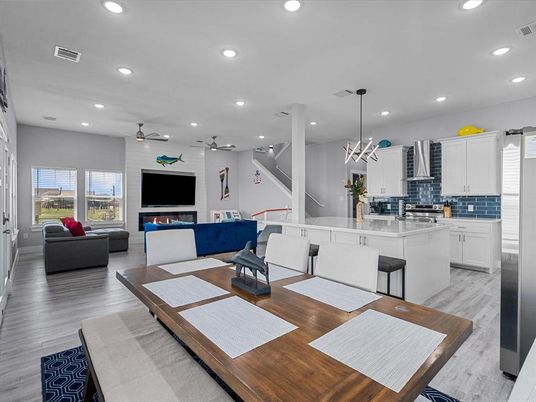 Fireplace, Interior, Kitchen, Living room, Pendant Lights, Recessed Lighting, Wood Texture Flooring