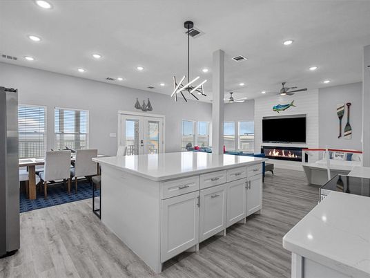 Dining room, Fireplace, Interior, Kitchen, Living room, Pendant Lights, Recessed Lighting, Wood Texture Flooring