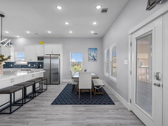 Dining room, Interior, Kitchen, Recessed Lighting, Stainless Steel Appliances, Wood Texture Flooring