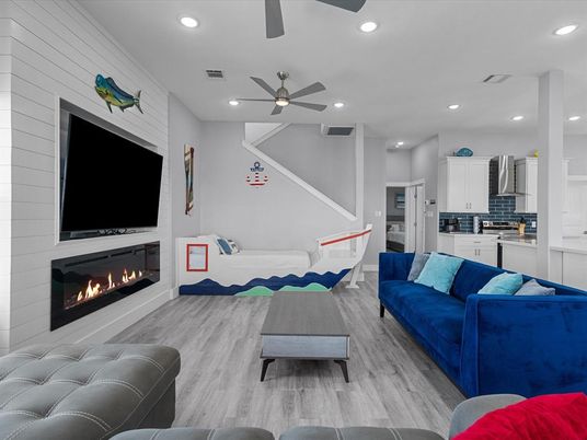 Fireplace, Interior, Kitchen, Living room, Recessed Lighting, Wood Texture Flooring