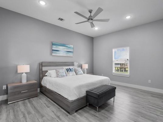 Bedroom, Interior, Recessed Lighting, Wood Texture Flooring