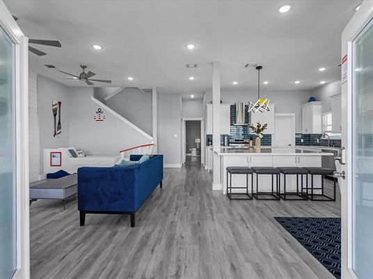 Interior, Kitchen, Living room, Pendant Lights, Recessed Lighting, Wood Texture Flooring