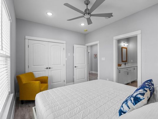 Bedroom, Interior, Recessed Lighting, Wood Texture Flooring