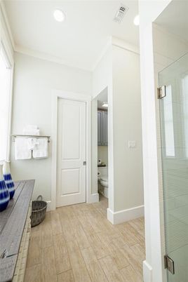 Bathroom, Glass Shower, Interior, Recessed Lighting, Wood Texture Flooring