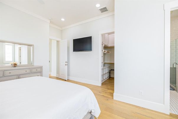 Bedroom, Interior, Recessed Lighting, Wood Texture Flooring