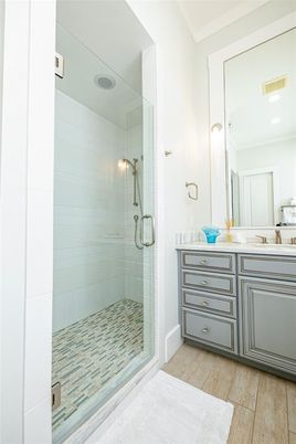 Bathroom, Glass Shower, Interior, Recessed Lighting, Wood Texture Flooring