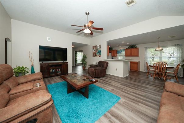 Dining room, Interior, Kitchen, Living room, Pendant Lights, Recessed Lighting, Wood Texture Flooring