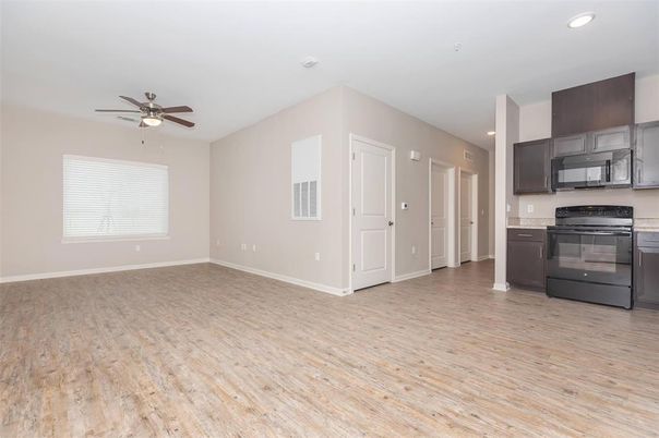 Empty room, Interior, Kitchen, Recessed Lighting, Wood Texture Flooring