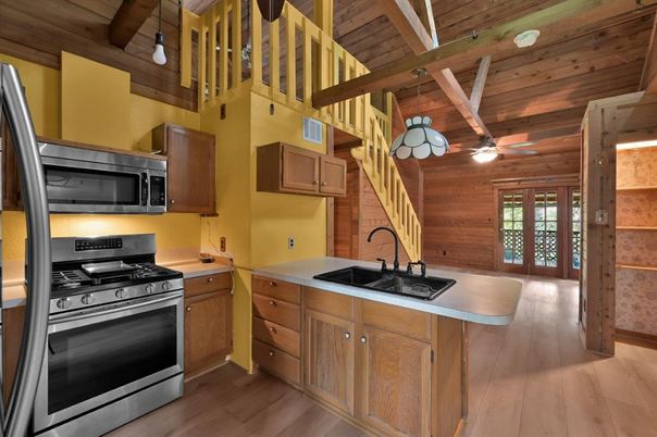 Interior, Kitchen, Pendant Lights, Stainless Steel Appliances, Wooden Beams, Wooden Ceilings, Wood Texture Flooring, Wooden Walls