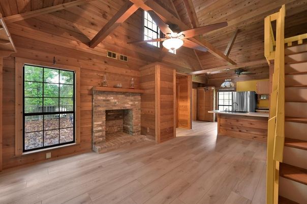 Empty room, Fireplace, Interior, Kitchen, Wooden Beams, Wooden Ceilings, Wood Texture Flooring, Wooden Walls