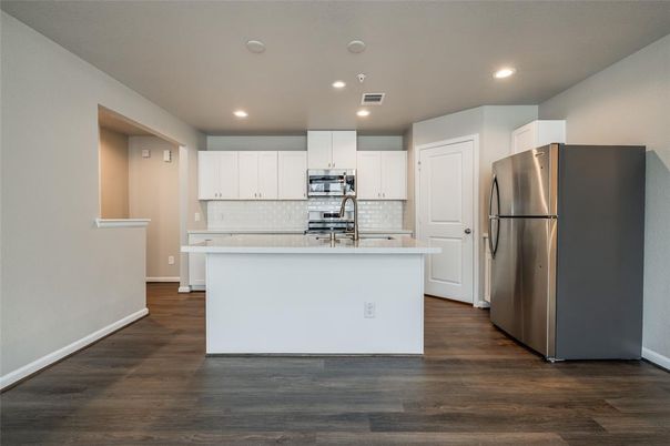 Interior, Kitchen, Recessed Lighting, Stainless Steel Appliances, Wood Texture Flooring