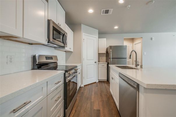 Interior, Kitchen, Recessed Lighting, Stainless Steel Appliances, Wood Texture Flooring