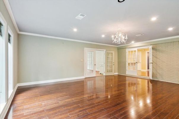 Chandelier, Empty room, Interior, Recessed Lighting, Wood Texture Flooring
