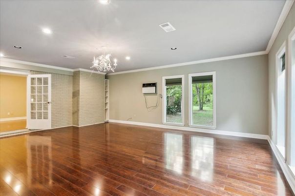 Chandelier, Empty room, Interior, Recessed Lighting, Wood Texture Flooring