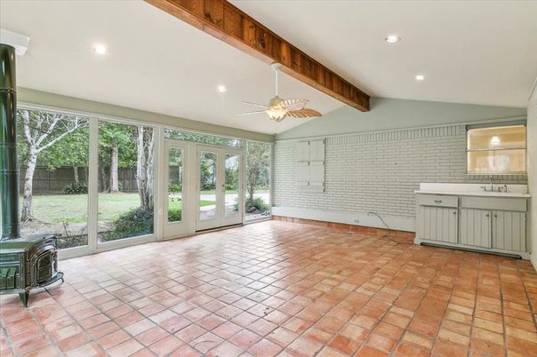 Empty room, Interior, Recessed Lighting, Stone Walls, Wooden Beams