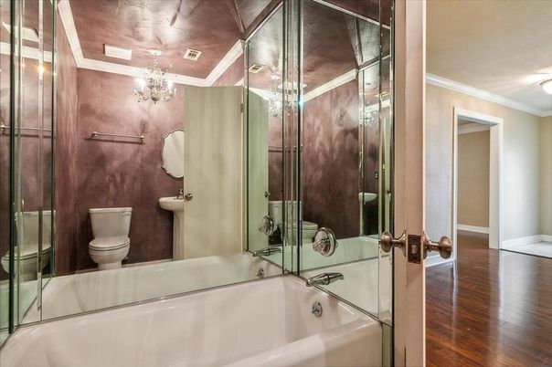 Bathroom, Chandelier, Glass Shower, Interior, Wood Texture Flooring