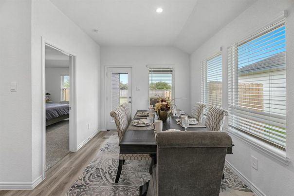 Bedroom, Dining room, Interior, Recessed Lighting, Wood Texture Flooring