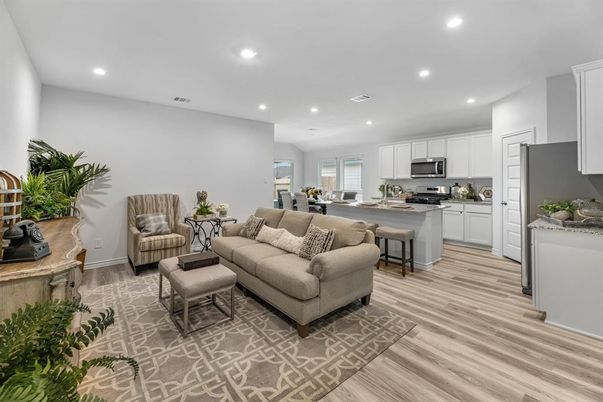 Dining room, Interior, Kitchen, Living room, Recessed Lighting, Stainless Steel Appliances, Wood Texture Flooring