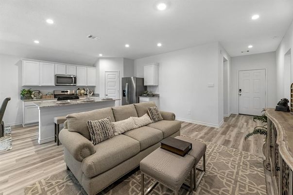 Interior, Kitchen, Living room, Recessed Lighting, Stainless Steel Appliances, Wood Texture Flooring