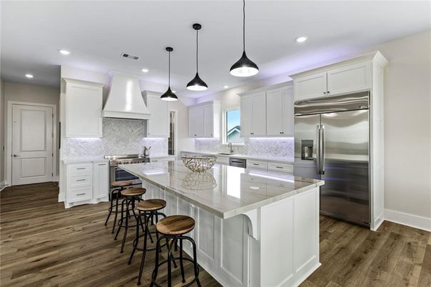 Interior, Kitchen, Pendant Lights, Recessed Lighting, Stainless Steel Appliances, Wood Texture Flooring