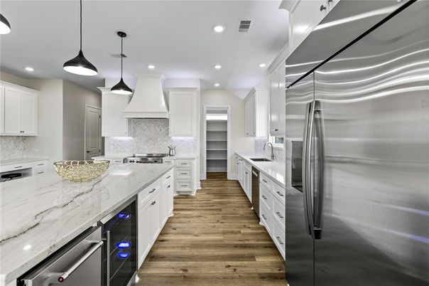 Interior, Kitchen, Pendant Lights, Recessed Lighting, Stainless Steel Appliances, Wood Texture Flooring