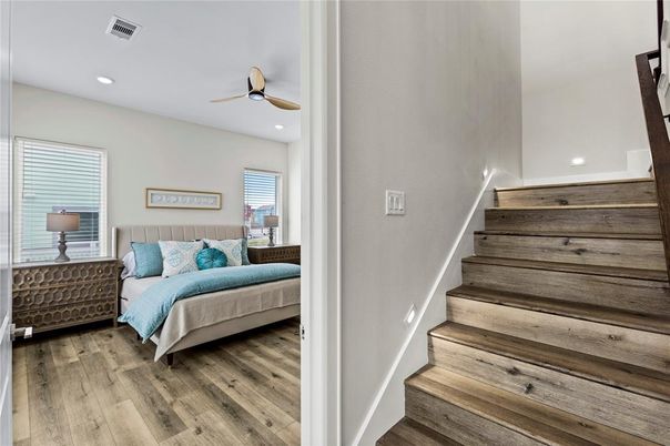 Bedroom, Interior, Recessed Lighting, Wood Texture Flooring