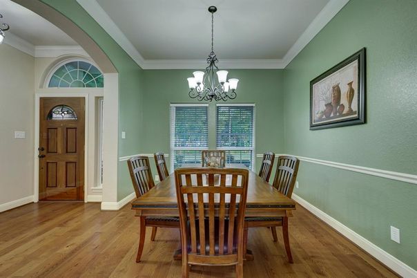 Chandelier, Dining room, Interior, Wood Texture Flooring