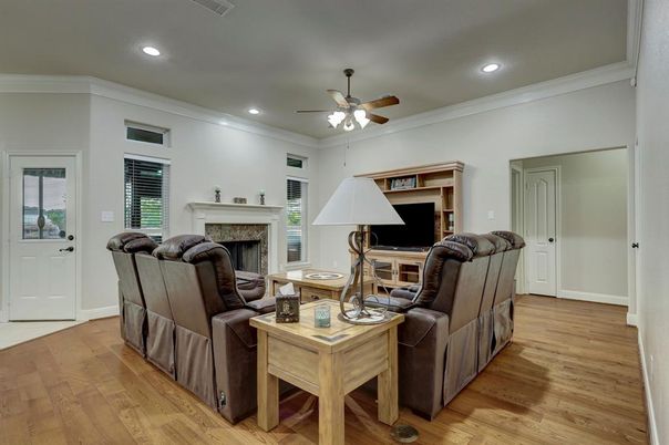 Fireplace, Interior, Living room, Recessed Lighting, Wood Texture Flooring