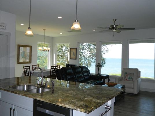 Dining room, Interior, Kitchen, Pendant Lights, Recessed Lighting, Water, Wood Texture Flooring