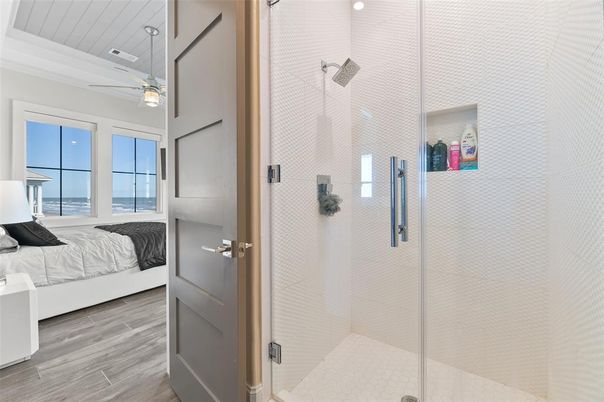 Bathroom, Bedroom, Glass Shower, Interior, Water, Wood Texture Flooring