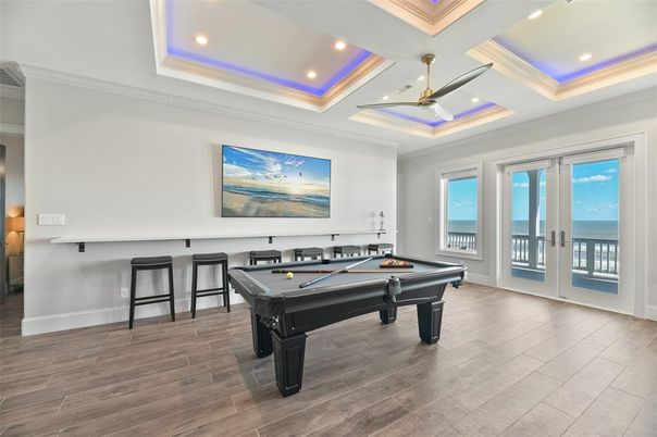 Billiard Table, Game Room, Interior, Recessed Lighting, Water, Wood Texture Flooring