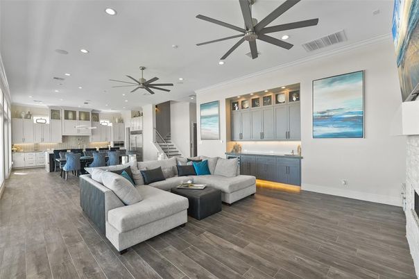 Interior, Kitchen, Living room, Pendant Lights, Recessed Lighting, Wood Texture Flooring