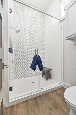 Bathroom, Glass Shower, Interior, Wood Texture Flooring