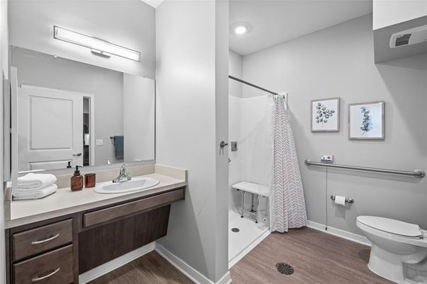 Bathroom, Dual Sink Vanities, Interior, Recessed Lighting, Wood Texture Flooring