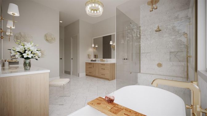 Bathroom, Dual Sink Vanities, Free Standing Baths, Glass Shower, Interior, Marble, Marble Walls