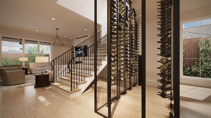 Interior, Living room, Pendant Lights, Recessed Lighting, Wine Storage, Wood Texture Flooring