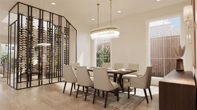 Chandelier, Dining room, Interior, Recessed Lighting, Wine Storage, Wood Texture Flooring