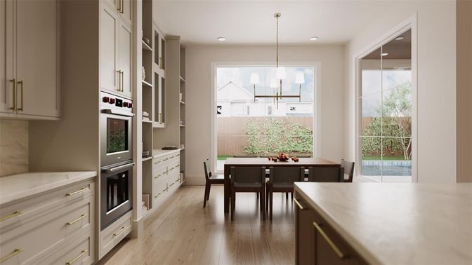 Dining room, Interior, Kitchen, Pendant Lights, Recessed Lighting, Wood Texture Flooring