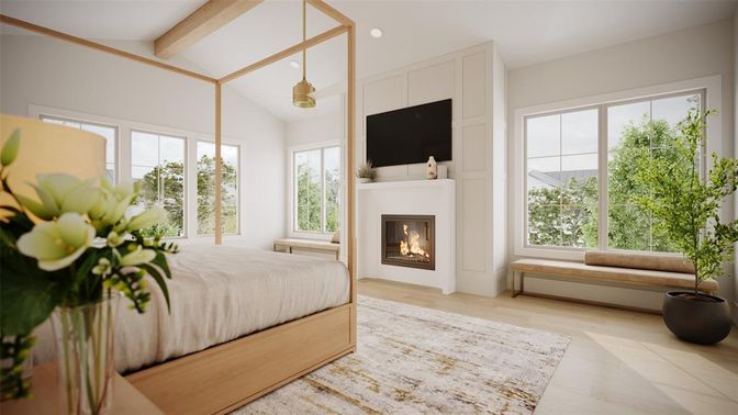Bedroom, Fireplace, Interior, Pendant Lights, Recessed Lighting, Wooden Beams, Wood Texture Flooring