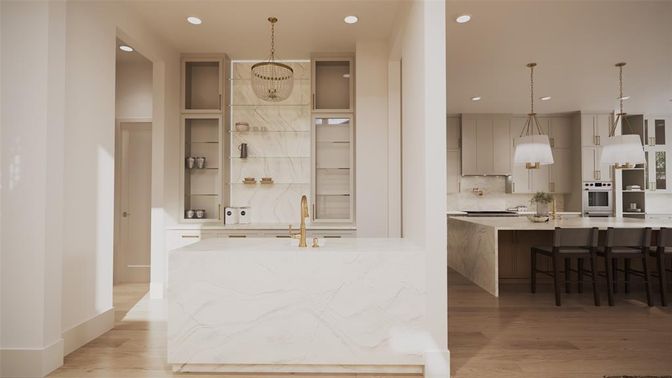 Interior, Kitchen, Marble Walls, Pendant Lights, Recessed Lighting, Stainless Steel Appliances, Wood Texture Flooring