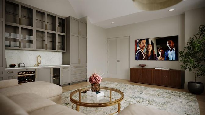 Interior, Living room, Marble Walls, Recessed Lighting, Wood Texture Flooring
