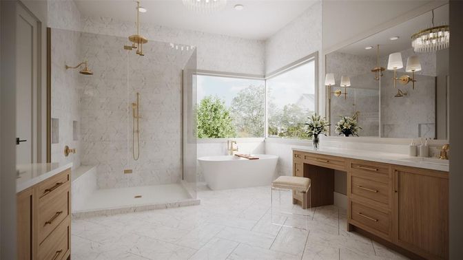 Bathroom, Chandelier, Dual Sink Vanities, Free Standing Baths, Interior, Marble, Marble Walls, Recessed Lighting