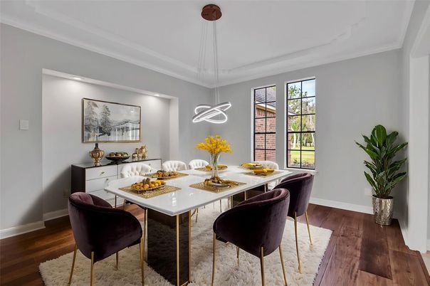Dining room, Interior, Pendant Lights, Wood Texture Flooring