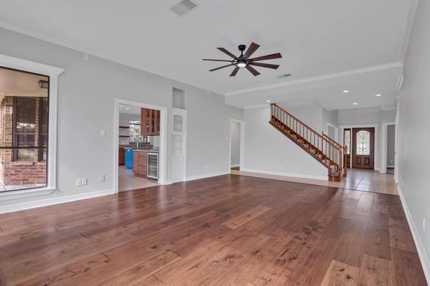 Empty room, Interior, Kitchen, Recessed Lighting, Wood Texture Flooring