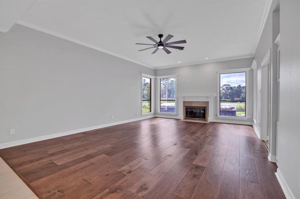 Empty room, Fireplace, Interior, Recessed Lighting, Wood Texture Flooring