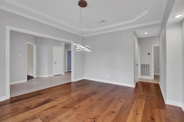 Empty room, Interior, Pendant Lights, Recessed Lighting, Wood Texture Flooring